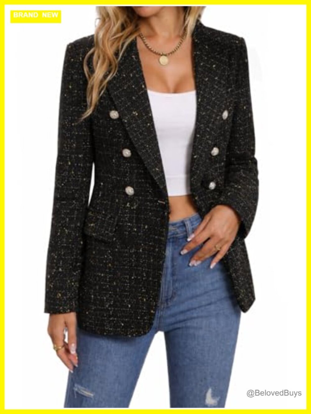 Tweed Blazer Plaid Jacket Business Casual Coat Relaxed Fit Notch Collar